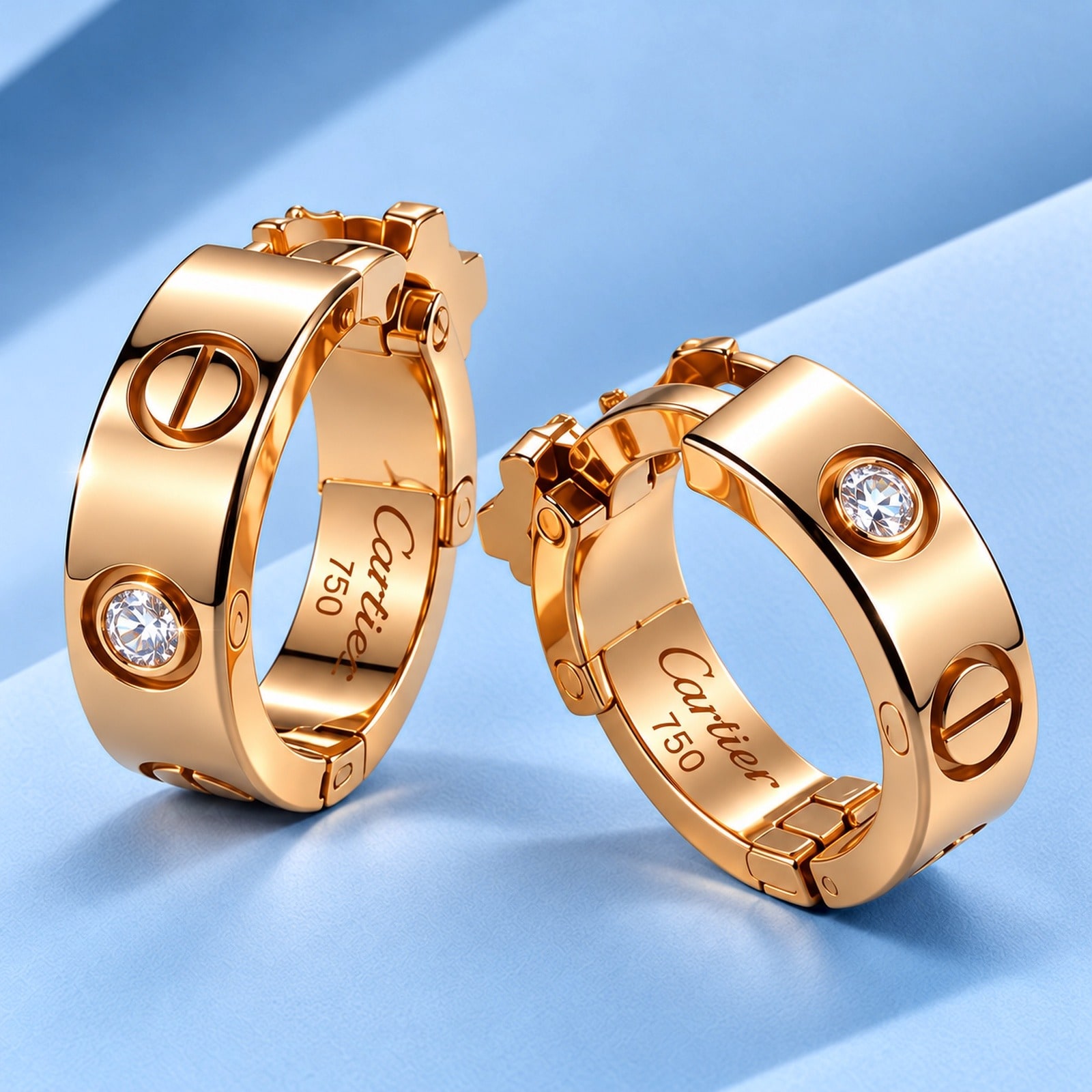 Gold earrings with diamonds in the style of cartier