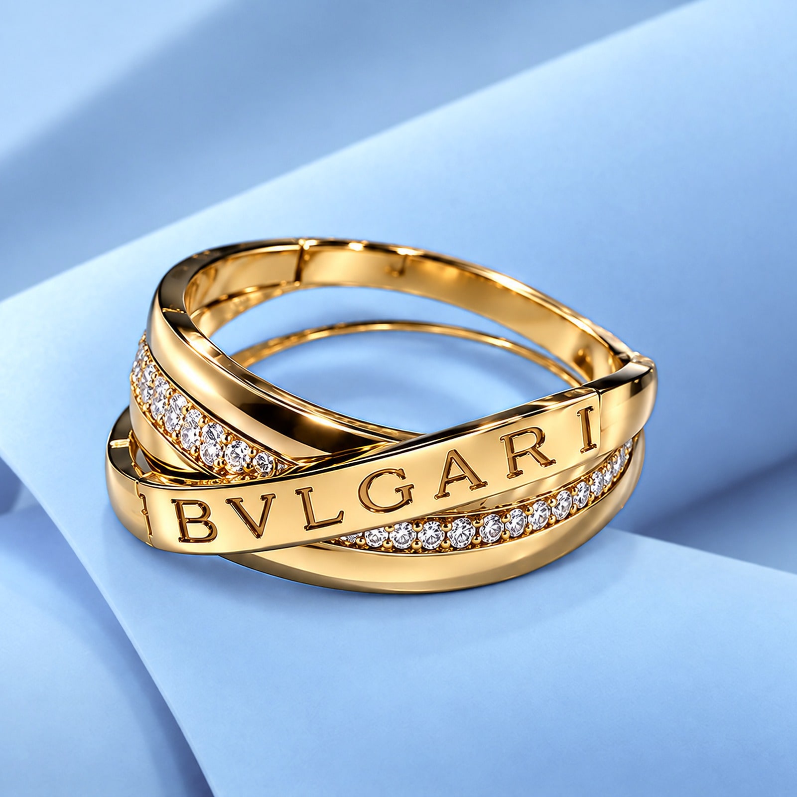 Gold ring with diamonds in the style of bulgari